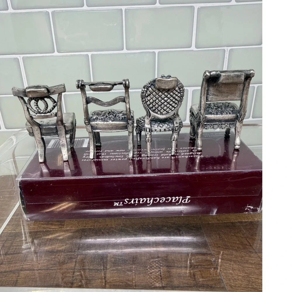 VTG Sixtrees Pewter Miniature Chairs Place Card Holders Set 8 Orig Box